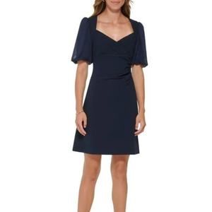 DKNY Navy Sheath Dress with Metallic Threaded Puff Sleeves Sz 6